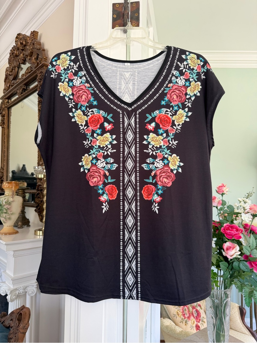 Women's Black Floral V-Neck Top with Rose pattern